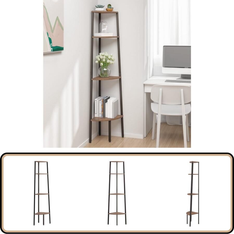 VidaXL Hoekkastje 4 schappen Donkerbruin Zwart Hoekkast Kast Opbergruimte Donkere Kleuren Metalen Frame