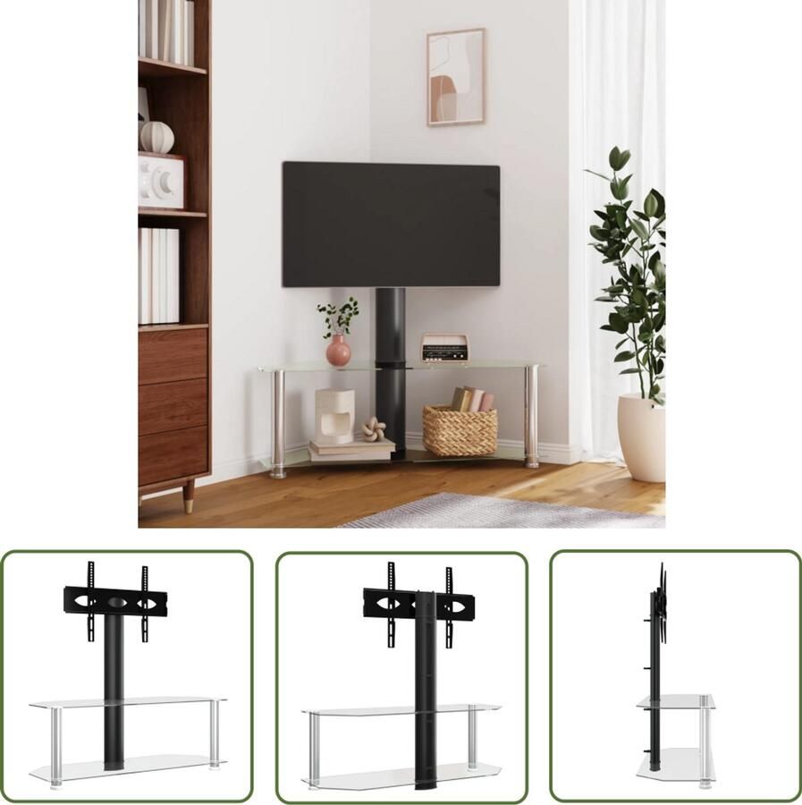 The Living Store Tv-standaard hoek 2-laags voor 32-70 inch zwart en zilverkleur Tv-standaard Hoekscherm Tv-meubel Media Kast Televisiehouder