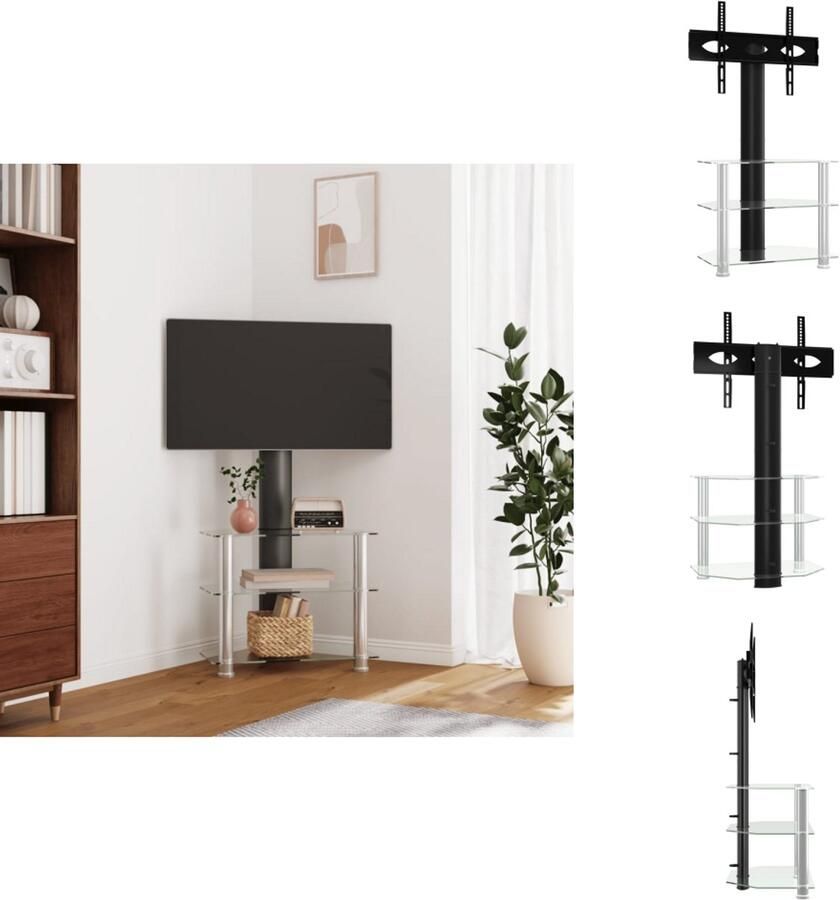 VidaXL Hoekstandaard Tv Hoekstandaarden Tv-meubel Tv Kast Tv-standaard hoek 3-laags voor 32-70 inch zwart en zilverkleur