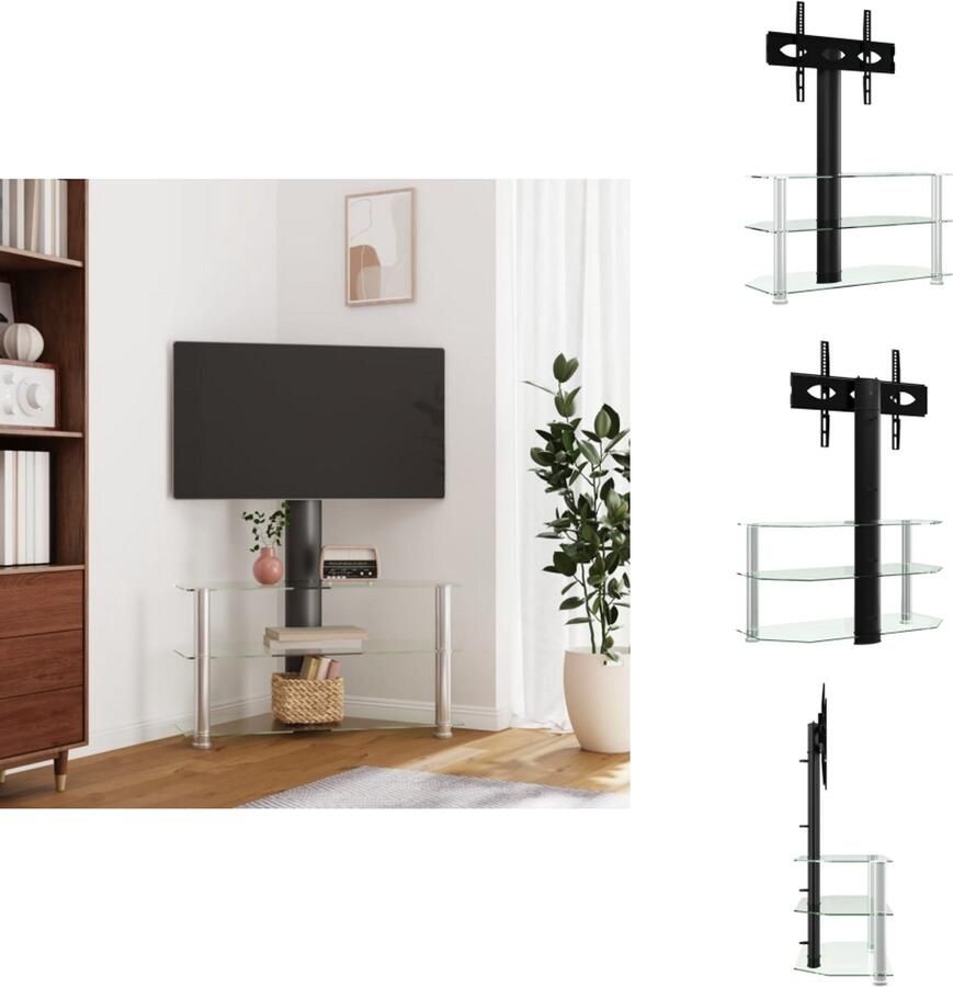 VidaXL Hoekstandaard Tv Hoekstandaarden Tv-meubel Tv Kast Tv-standaard hoek 3-laags voor 32-70 inch zwart en zilverkleur