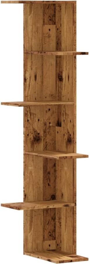 The Living Store Hoekwandschap 36 5x36 5x140 cm bewerkt hout out houtkleurig Hoekwand Wandschaps Houten Kast Opbergruimte Vintage Stijl