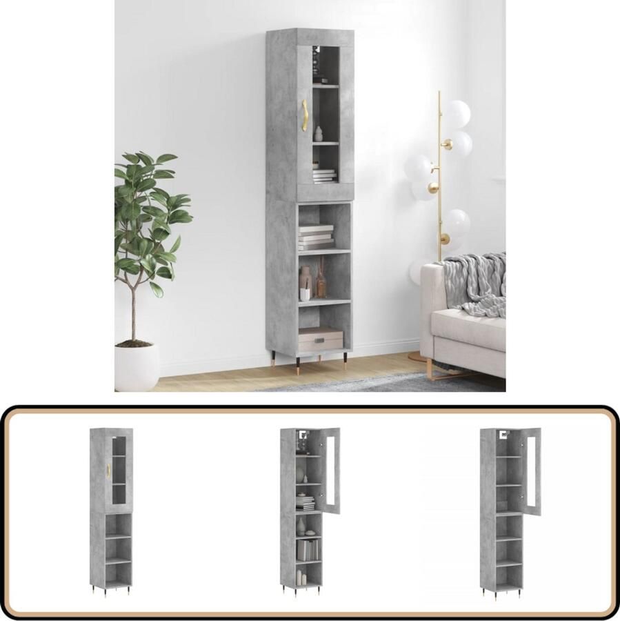 VidaXL Hoge kast 180 cm betongrijs hout & glas Hoge Kast Opbergkast Betongrijs Houten Kast Met Lade - Foto 2