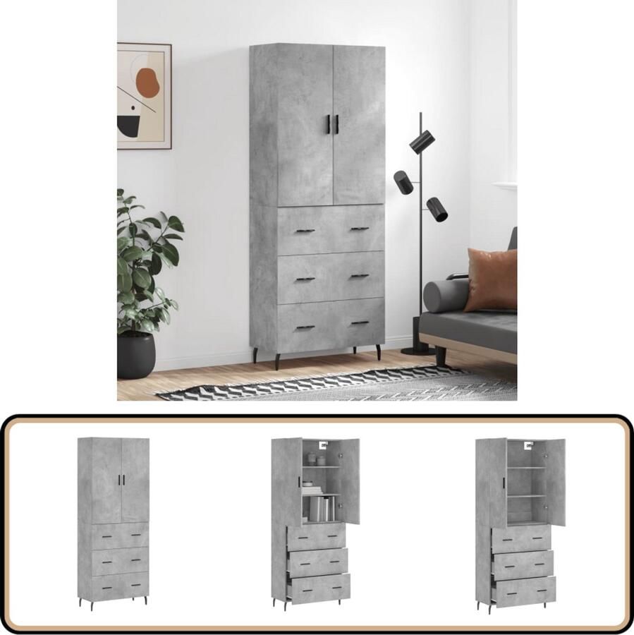 VidaXL Hoge Kast 180 cm Betongrijs Hout & Metaal Hoge Kast Opbergkast Betonnen Kast Houten Kast Design Kast