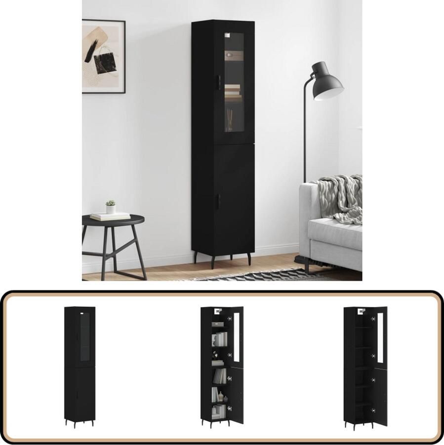 VidaXL Hoge kast 180 cm Bewerkt hout Zwart Hoge Kast Zwarte Kast Houten Kast Opbergkast Woonkamermeubel - Foto 2