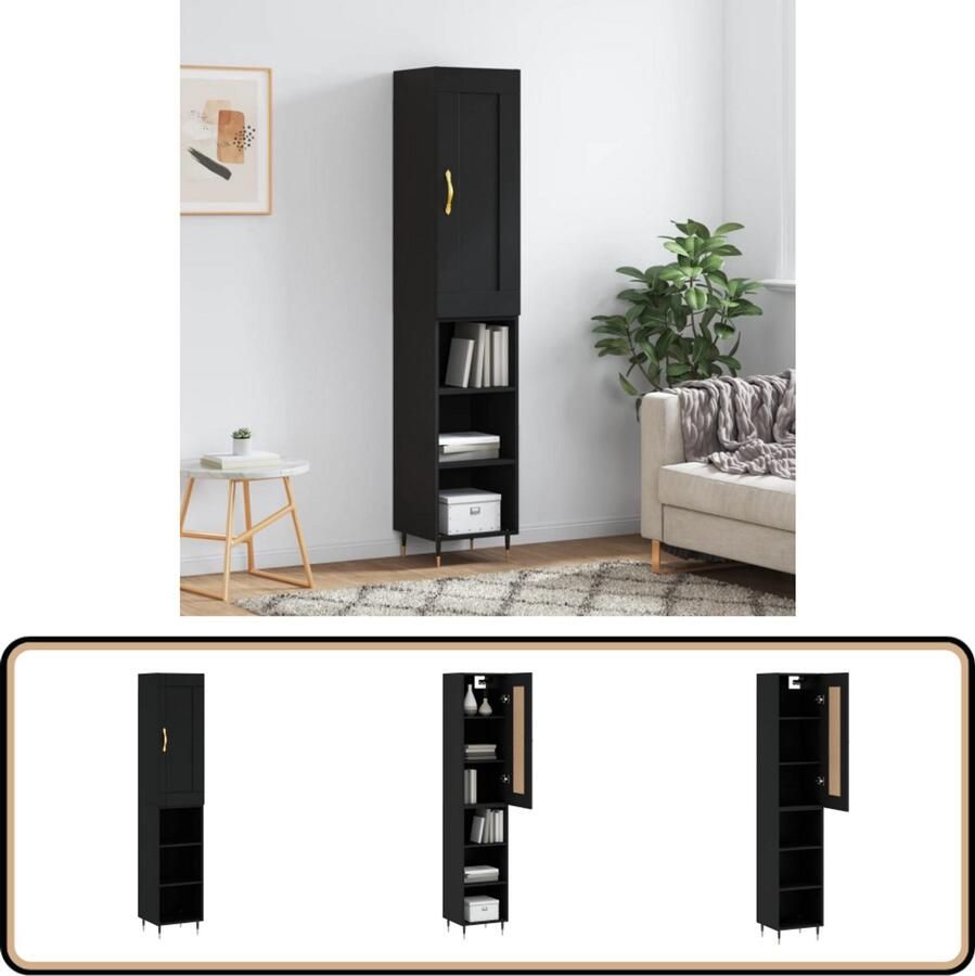 VidaXL Hoge Kast 180 cm Bewerkte Hout Zwart Hoge Kast Dressoir Buffetkast Opbergkast Houten Kast
