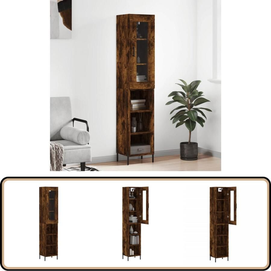 VidaXL Hoge kast 180 cm Gerookt eiken Hout & Glas Hoge Kast Houten Kast Opbergkast Kast Met Lade Vintage Kast - Foto 2