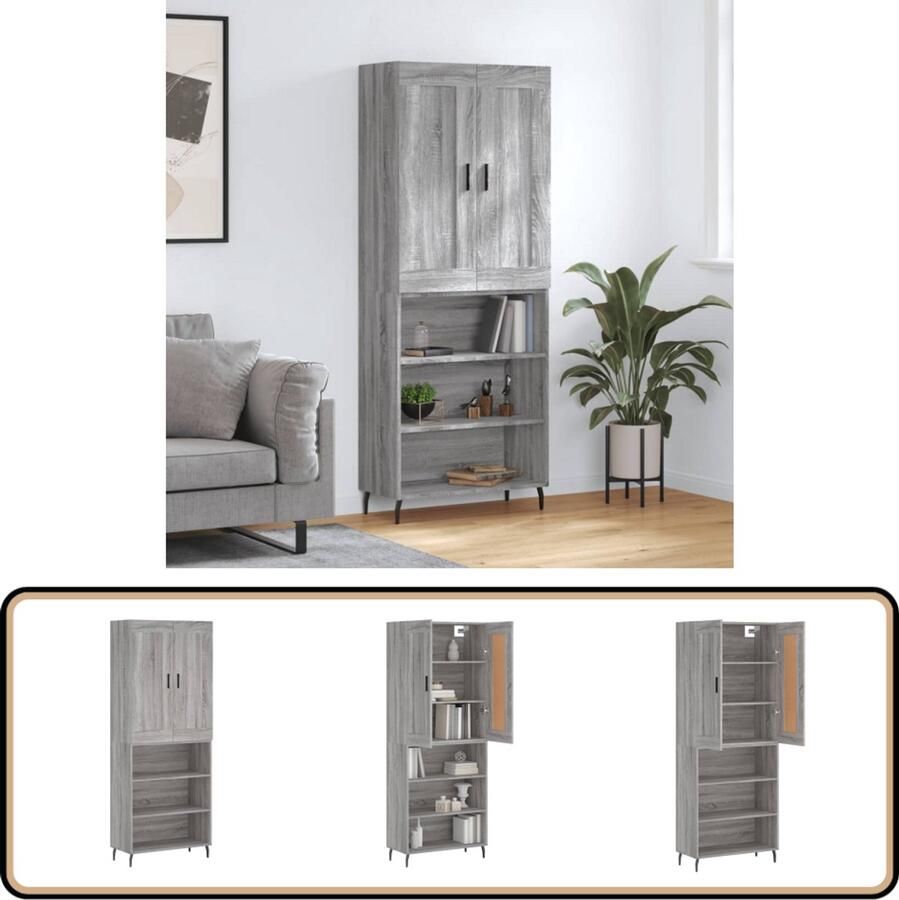 VidaXL Hoge kast 180 cm Grijs Sonoma Eiken Hoge Kast Boekenkast Opbergkast Grijze Kast Houten Kast - Foto 2