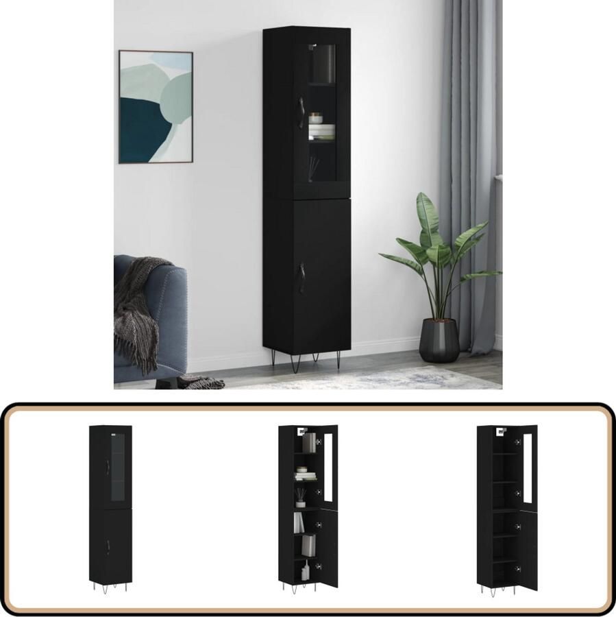 VidaXL Hoge kast 180 cm Zwart Bewerkt hout Hoge Kast Zwarte Kast Houten Kast Opbergkast - Foto 2