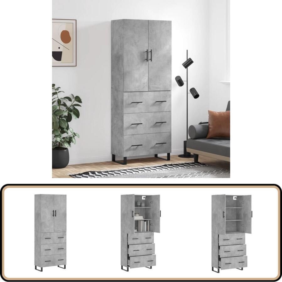 VidaXL Hoge kast 180cm Betongrijs Bewerkt Hout Hoge Kast Opbergkast Betonnen Grijze Kast Houten Kast Woonkamer Kast