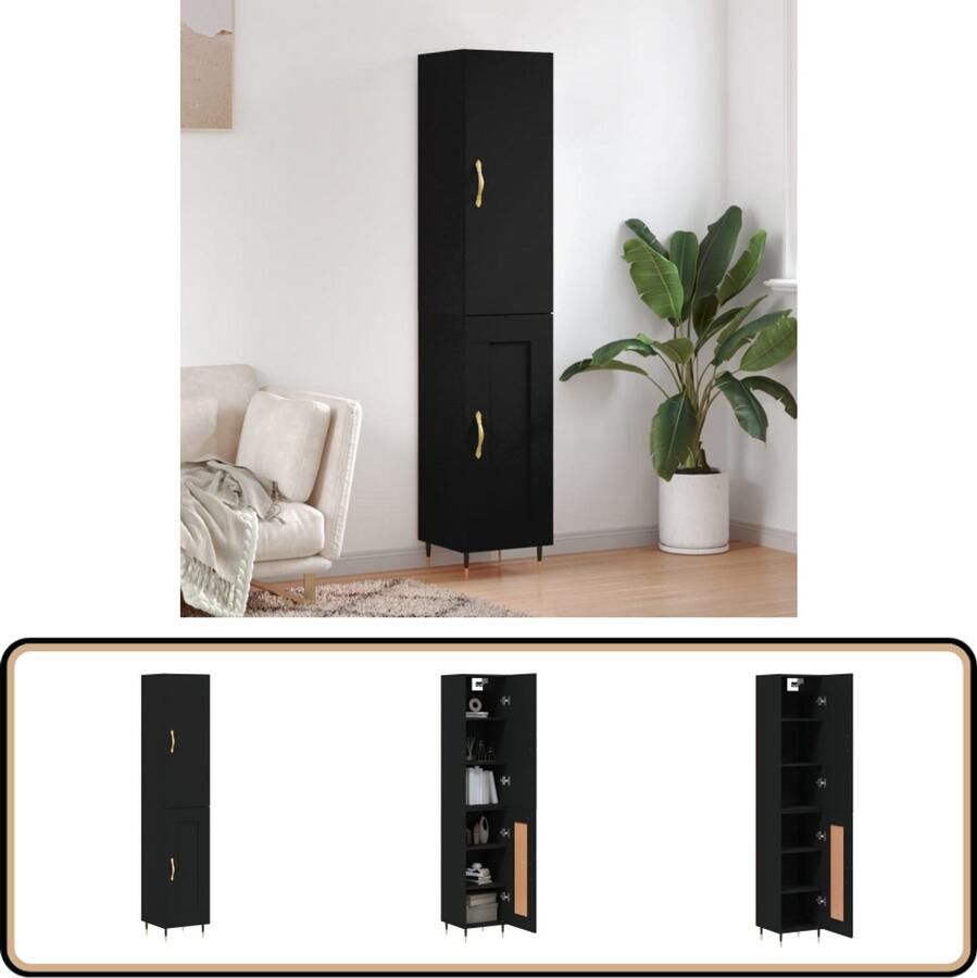 VidaXL Hoge kast 180cm zwart bewerkt hout Hoge Kast Opbergkast Houten Kast Zwarte Kast - Foto 2