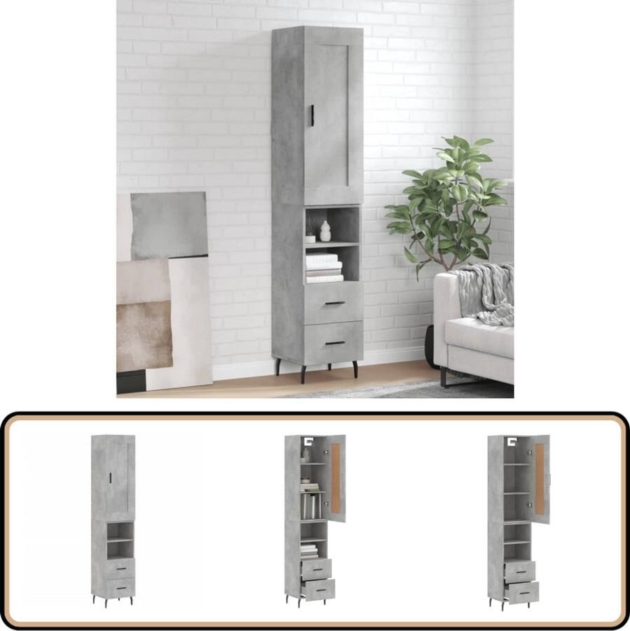 VidaXL Hoge Kast Hoge Kasten Dressoir Buffetkast Hoge kast 34 5x34x180 cm bewerkt hout betongrijs - Foto 3