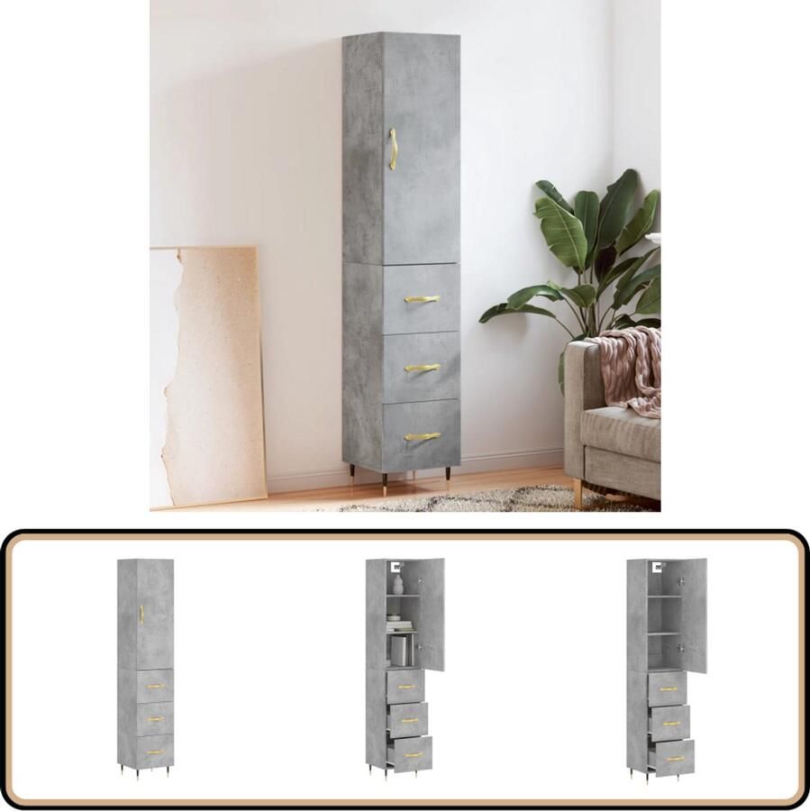 VidaXL Hoge Kast 180 cm Betongrijs Hout en Metaal Hoge Kast Opbergkast Betongrijs Houten Kast Met Deur