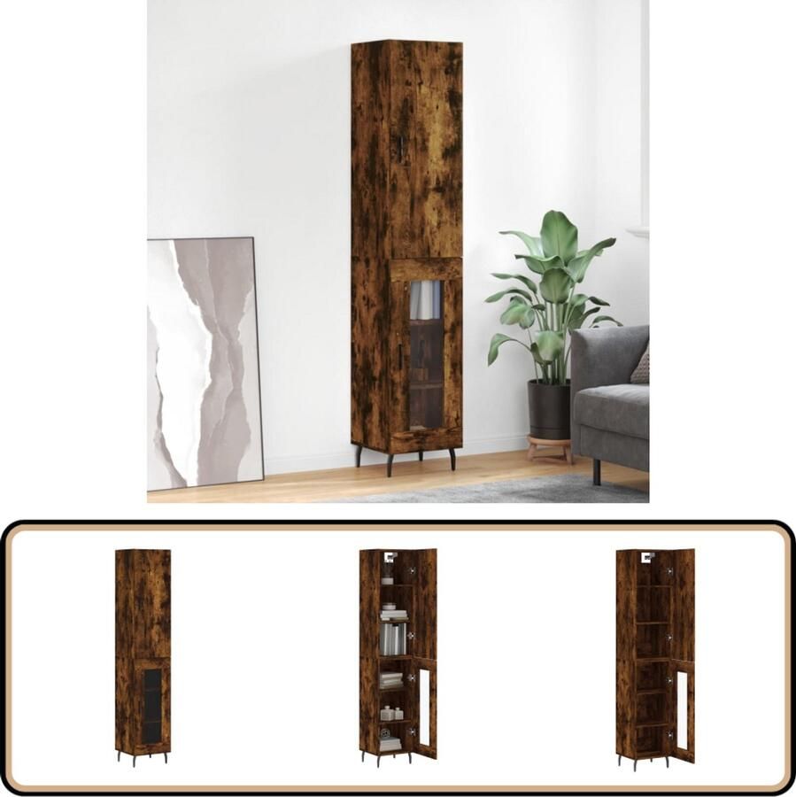 VidaXL Hoge kast 180 cm Gerookt eiken Hout & glas Hoge Kast Opbergkast Houten Kast Met Laden Bruine Kast
