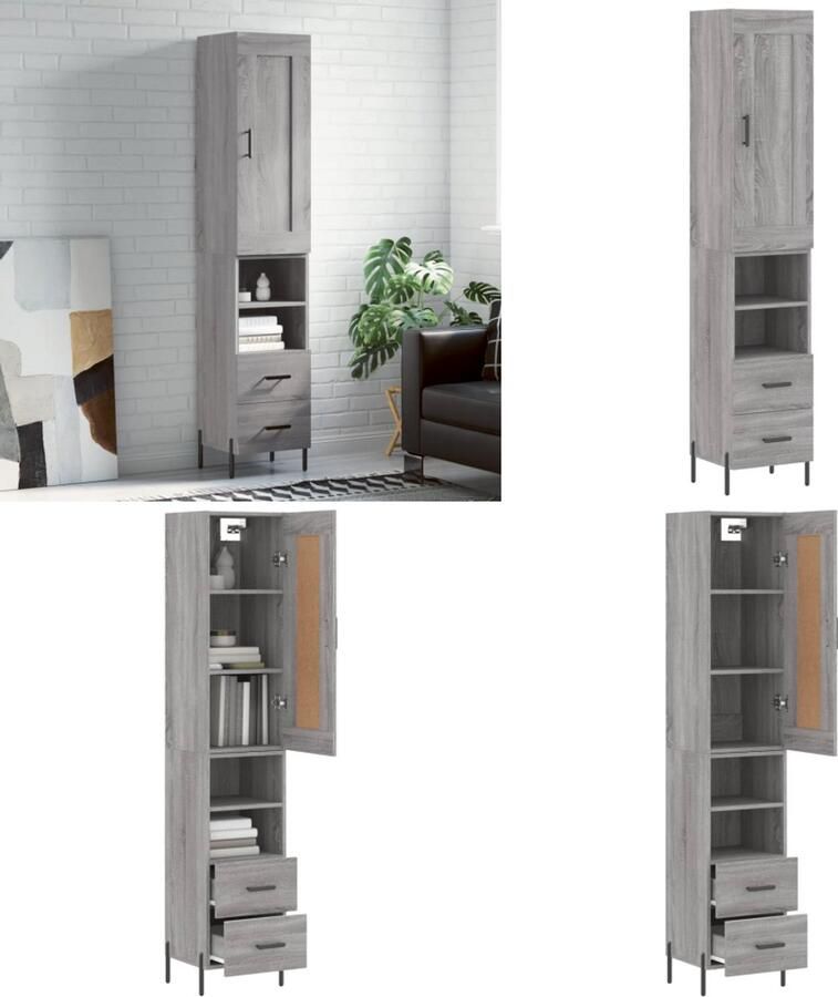 VidaXL Hoge kast 34 5x34x180 cm bewerkt hout grijs sonoma eikenkleurig Hoge Kast Hoge Kasten Dressoir Buffetkast