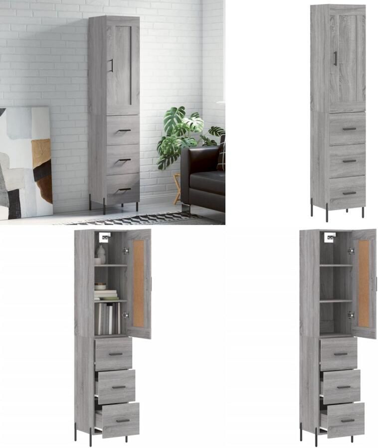 VidaXL Hoge kast 34 5x34x180 cm bewerkt hout grijs sonoma eikenkleurig Hoge Kast Hoge Kasten Dressoir Buffetkast
