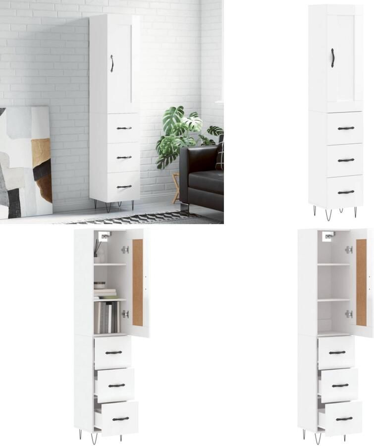 VidaXL Hoge kast 34 5x34x180 cm bewerkt hout hoogglans wit Hoge Kast Hoge Kasten Dressoir Buffetkast