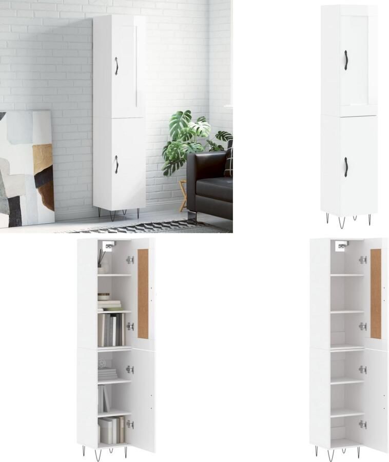 VidaXL Hoge kast 34 5x34x180 cm bewerkt hout hoogglans wit Hoge Kast Hoge Kasten Dressoir Buffetkast - Foto 9