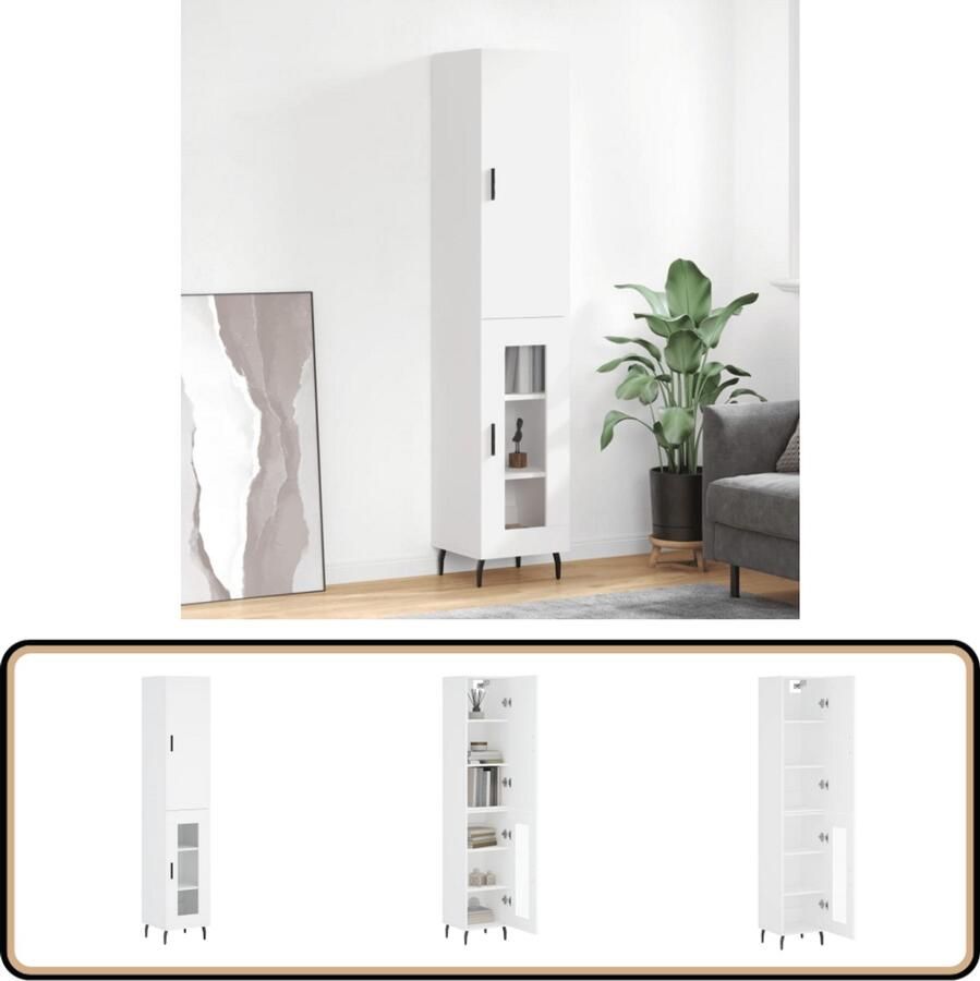 VidaXL Hoge kast 34 5x34x180 cm Wit Bewerkt hout Hoge Kast Witte Kast Houten Kast Opbergkast Woonkamerkast
