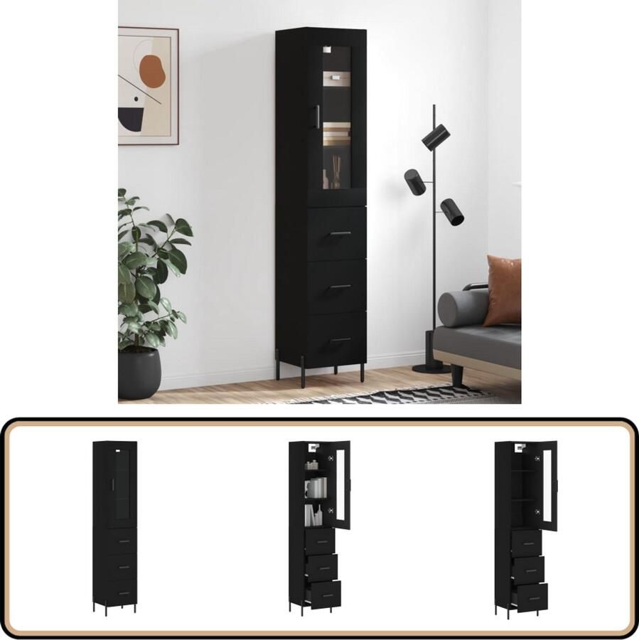 VidaXL Hoge kast 34 5x34x180 cm Bewerkt hout Zwart Hoge Kast Zwarte Kast Houten Kast Opbergkast Kledingkast - Foto 2