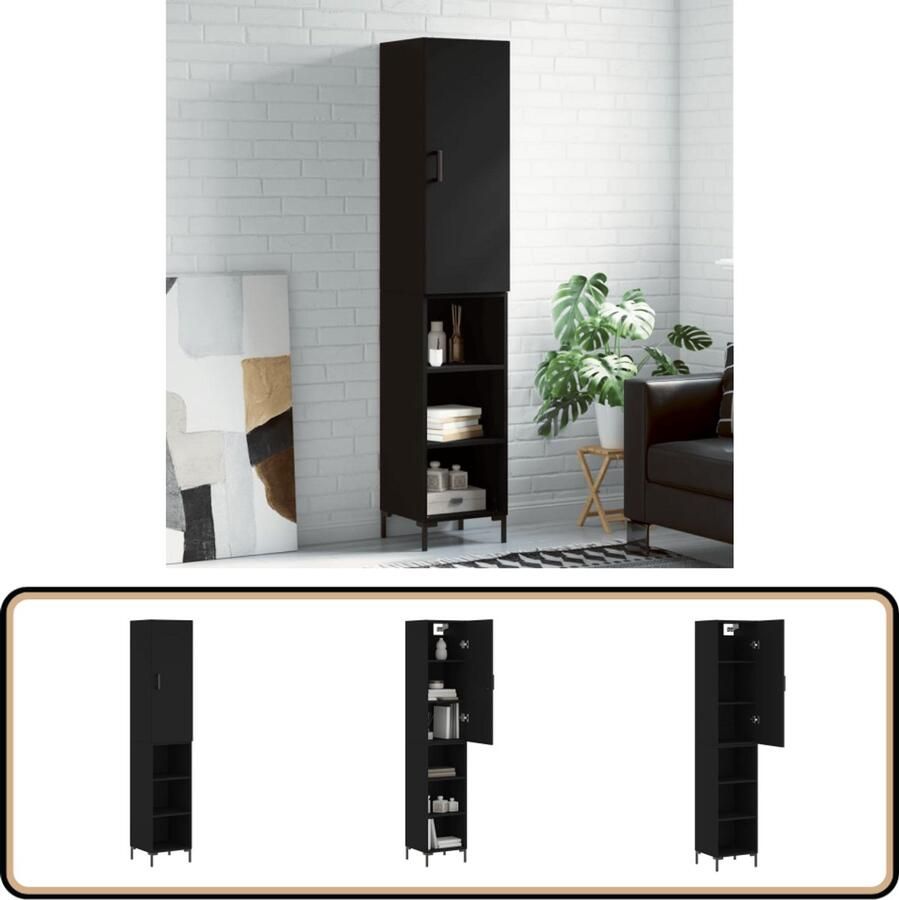 VidaXL Hoge kast Zwart Bewerkt hout 180 cm Hoge Kast Zwarte Kast Houten Kast Opslagkast Kledingkast
