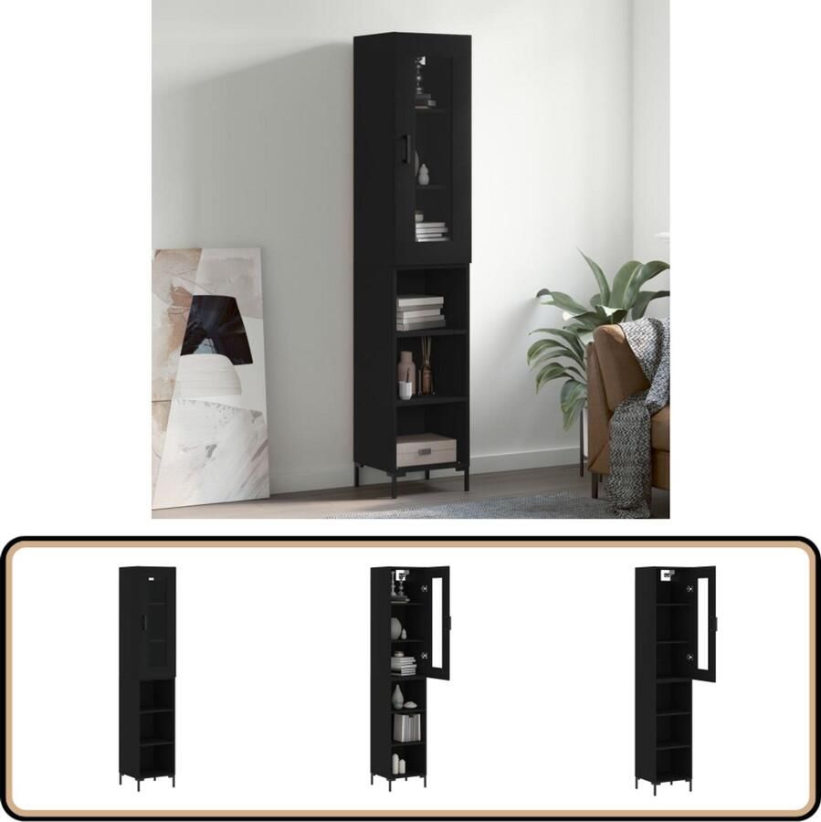 VidaXL Hoge kast 34 5x34x180 cm Bewerkt hout Zwart Hoge Kast Boekenkast Opbergkast Houten Kast Zwarte Kast