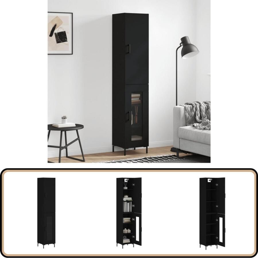 VidaXL Hoge Kast Bewerkt Hout 34 5x34x180 cm Zwart Hoge Kast Zwarte Kast Houten Kast Opbergkast Badkamermeubilair - Foto 6