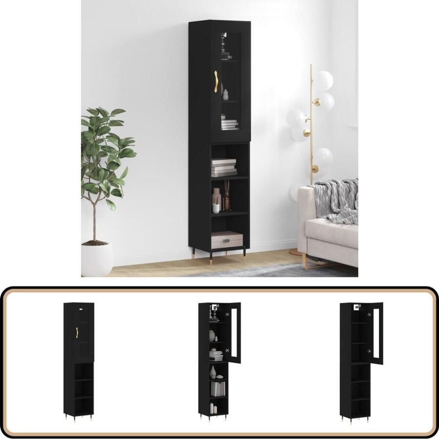 VidaXL Hoge kast Zwart 34 5x34x180 cm Hoge Kast Boekenkast Opslagkast Kast Zwart Houten Kast