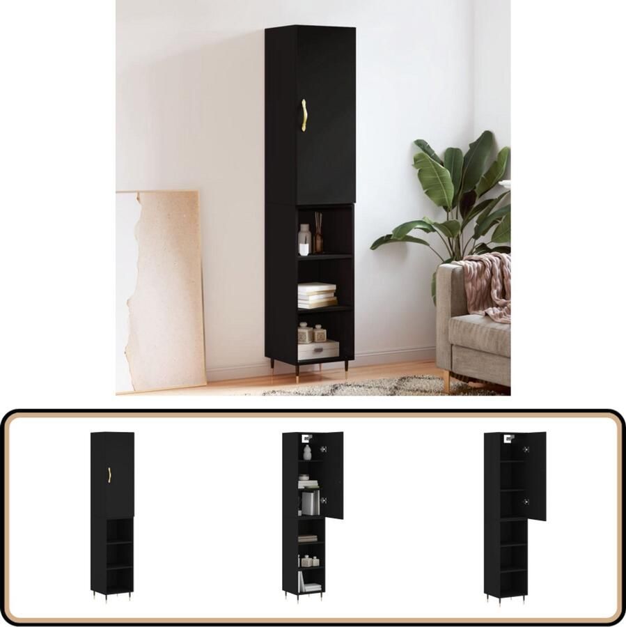 VidaXL Hoge kast 34 5x34x180 cm Bewerkt hout Zwart Hoge Kast Opbergkast Kast Zwart Houten Kast Kasten Badkamer