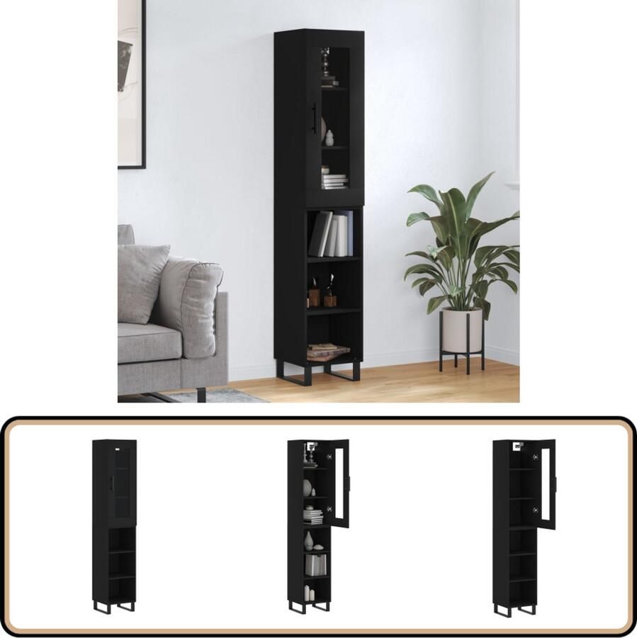 VidaXL Hoge Kast Bewerkt Hout 34 5x34x180 cm Zwart Hoge Kast Zwarte Kast Houten Kast Opbergkast Badkamermeubilair - Foto 5