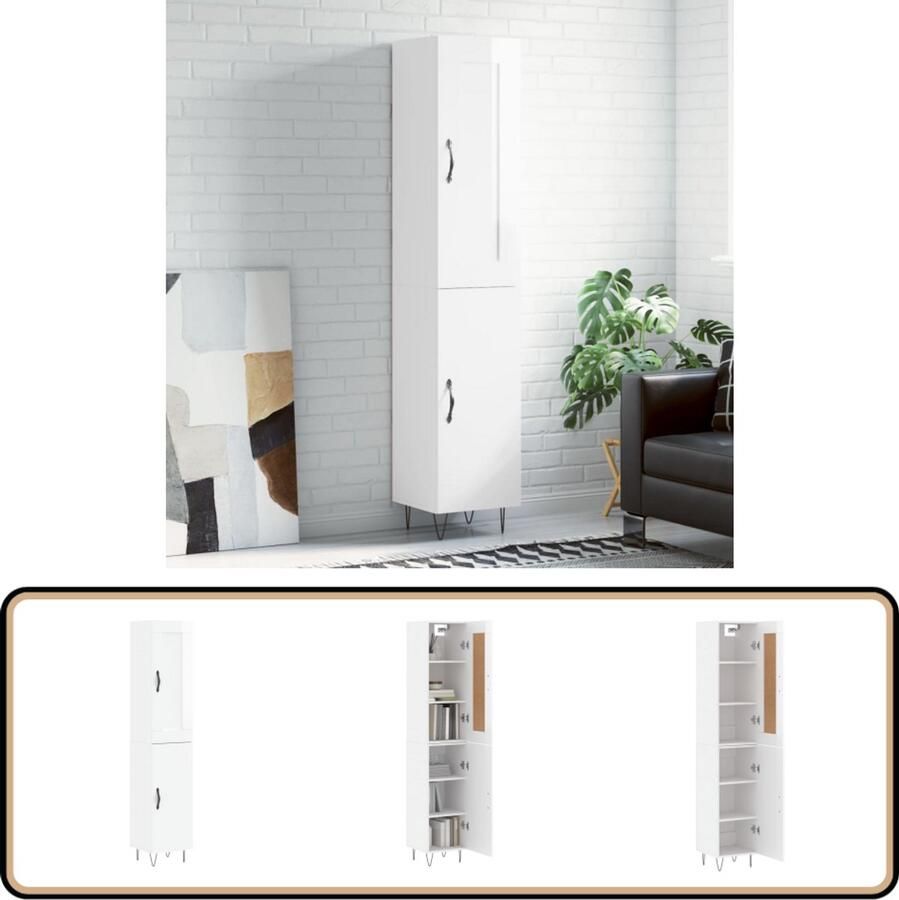 VidaXL Hoge kast 34 5x34x180 cm Hoogglans wit Hoge Kast Houten Kast Witte Kast Opslagoplossing Woonkamerinrichting - Foto 3