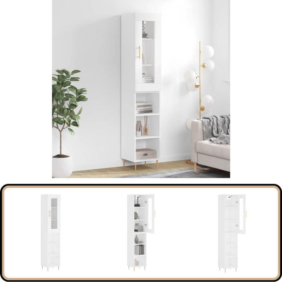 VidaXL Hoge kast 34 5x34x180 cm Wit bewerkt hout Hoge Kast Boekenkast Opslagkast Witte Kast Houten Kast - Foto 2