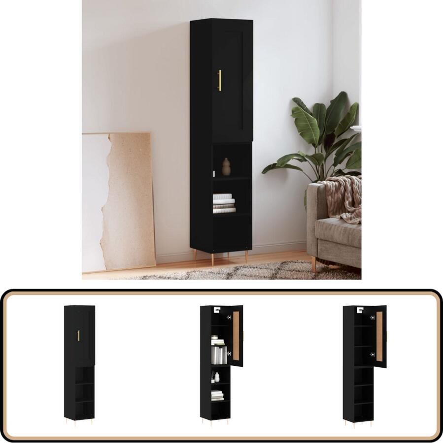 VidaXL Hoge Kast 34 5x34x180 cm Zwart Hoge Kast Dressoir Opzetkast Zwarte Kast Houten Kast - Foto 2