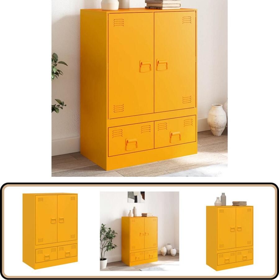 The Living Store Hoge kast 67x39x95 cm staal mosterdgeel Hoge Kast Voor Woonkamer Mustard Geel Staalkast Opbergkast