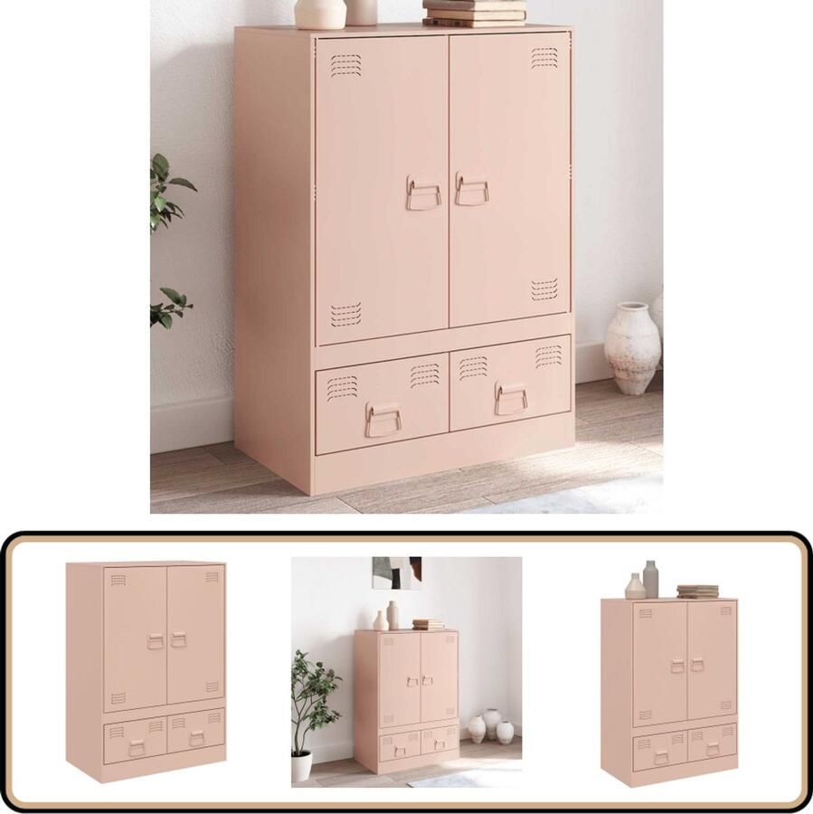 The Living Store Hoge kast 67x39x95 cm staal roze Hoge Kast Rozenkleurige Kast Staalkast Opbergkast Kledingkast