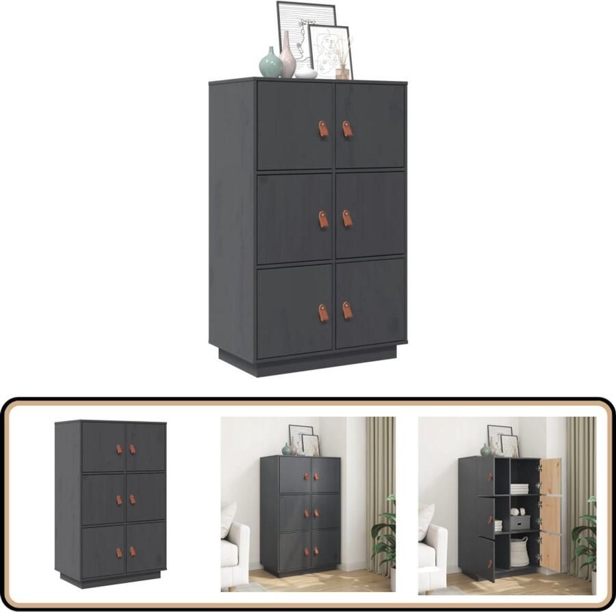 VidaXL Hoge kast massief grenenhout grijs Dressoir Houtsoort Grenoble Hout Vintage Dressoir Landelijke Dressoir