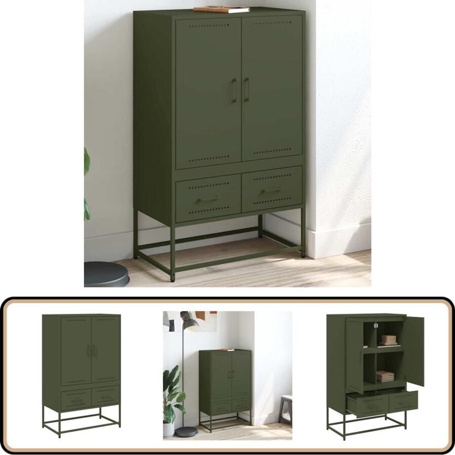 The Living Store Hoge kast 68x39x111 5 cm staal olijfgroen Hoge Kast Staalkast Opbergkast Designkast Groene Kast
