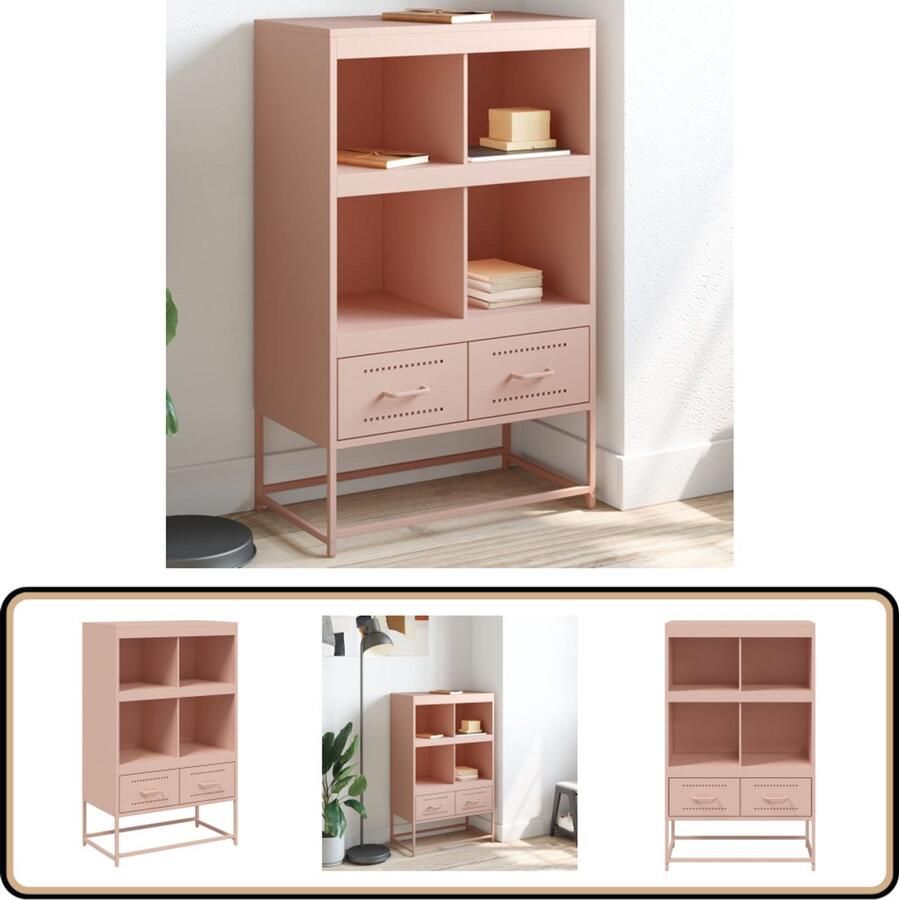 VidaXL Hoge Roze Stalen Kast met 4 Vakken en Lades Hoge Kast Rozenkleurige Kast Stalen Kast Opbergkast Bijzettafel