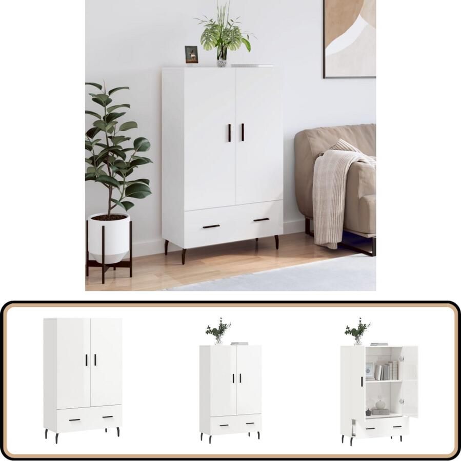 VidaXL Hoge kast 69 5x31x115 cm Hoogglans wit Hoge Kast Dressoir Buffetcask Witte Kast Keukenmeubilair - Foto 2