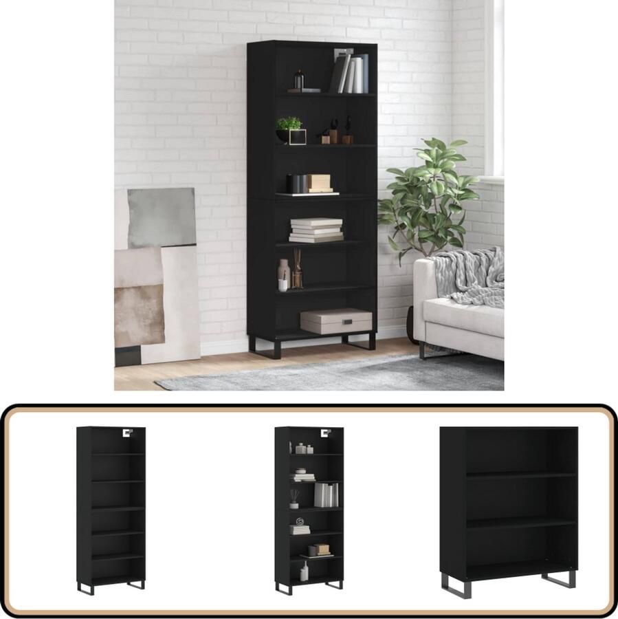 VidaXL Hoge kast Bewerkt hout Zwart 69 5x32 5x180 cm Hoge Kast Buffetkast Zwarte Kast Houten Kast Metalen Poten