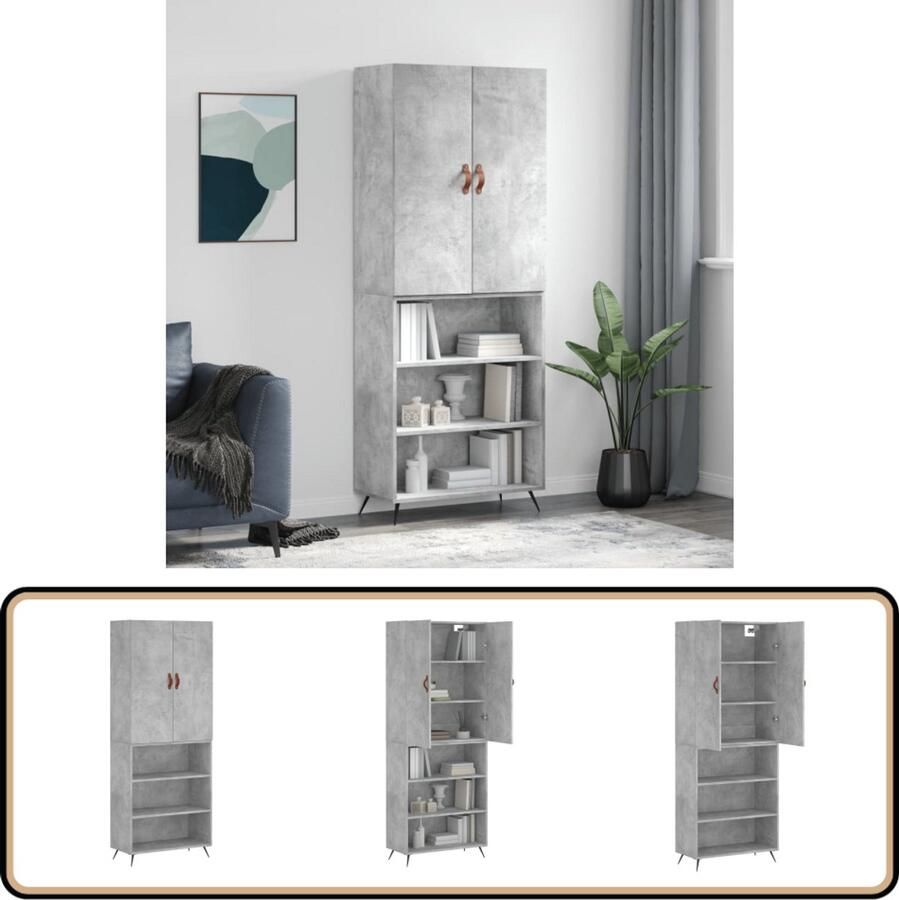 VidaXL Hoge Kast 69 5x34x180 cm Betongrijs Hoge Kast Kasten Dressoirs Opbergkast Betongrijs - Foto 2