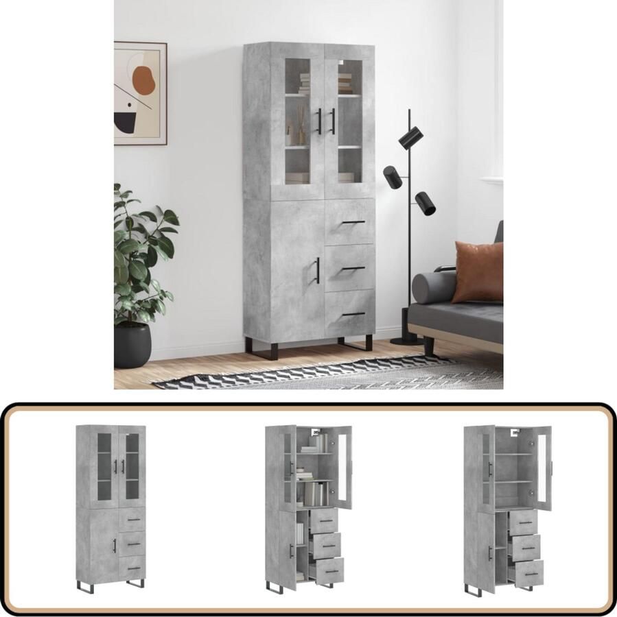 VidaXL Hoge kast 69 5x34x180 cm Betongrijs Hoge Kast Kledingkast Opslagoplossing Betonnen Grijze Kast Houten Kast