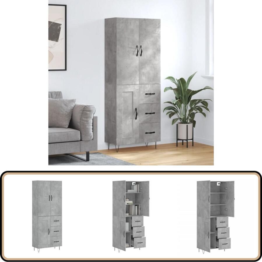 VidaXL Hoge kast 69 5x34x180 cm Betongrijs Hoge Kast Opbergkast Beton Grijs Houten Kast Moderne Kast - Foto 2