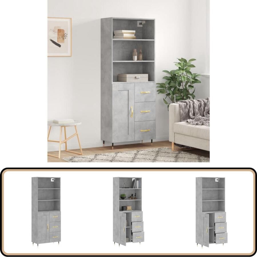 VidaXL Hoge Kast Betongrijs Bewerkte Hout 69 5x34x180 cm Hoge Kast Dressoir Buffetkast Opbergkast Beton Grijs
