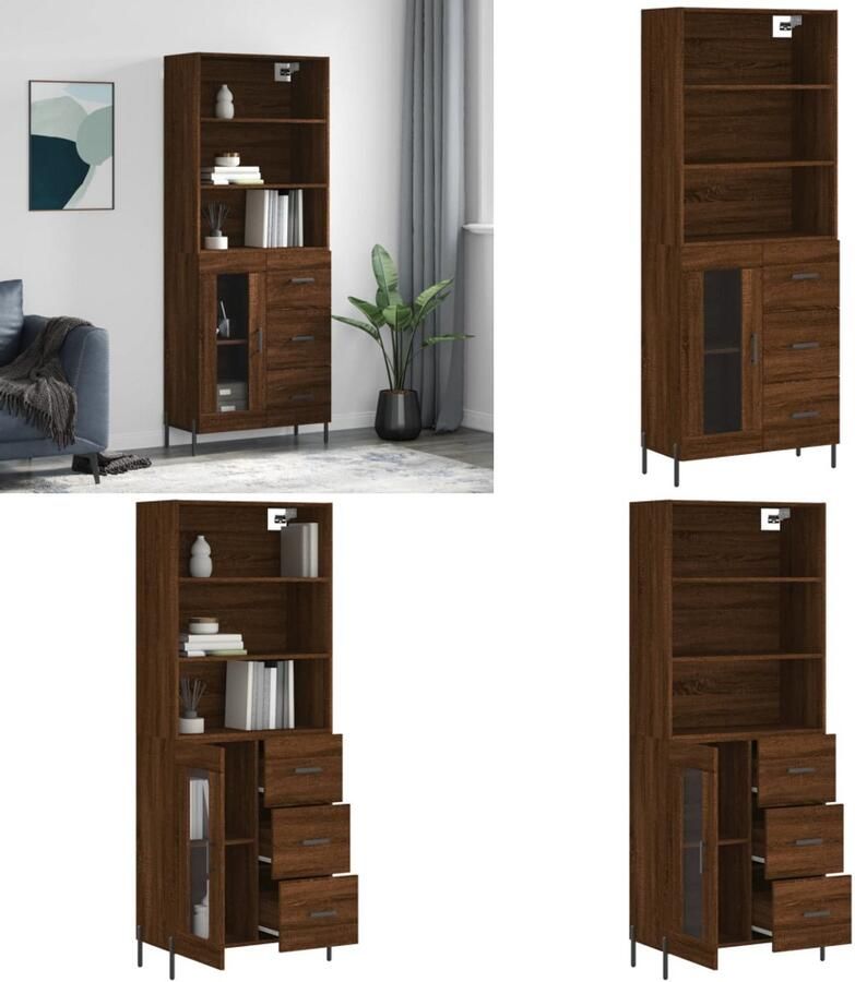 VidaXL Hoge kast 69-5x34x180 cm bewerkt hout bruineikenkleurig Hoge Kast Hoge Kasten Dressoir Buffetkast - Foto 3