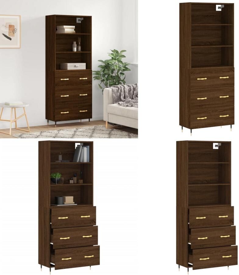 VidaXL Hoge kast 69-5x34x180 cm bewerkt hout bruineikenkleurig Hoge Kast Hoge Kasten Dressoir Buffetkast - Foto 2