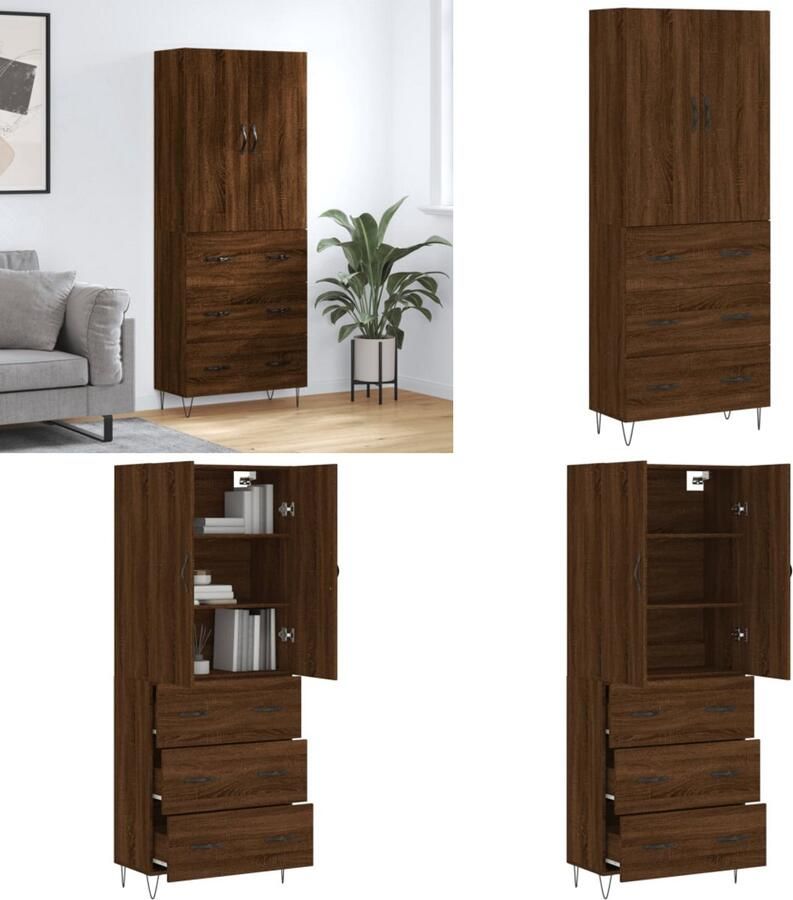 VidaXL Hoge kast 69 5x34x180 cm bewerkt hout bruin eikenkleur Hoge Kast Hoge Kasten Dressoir Buffetkast - Foto 2