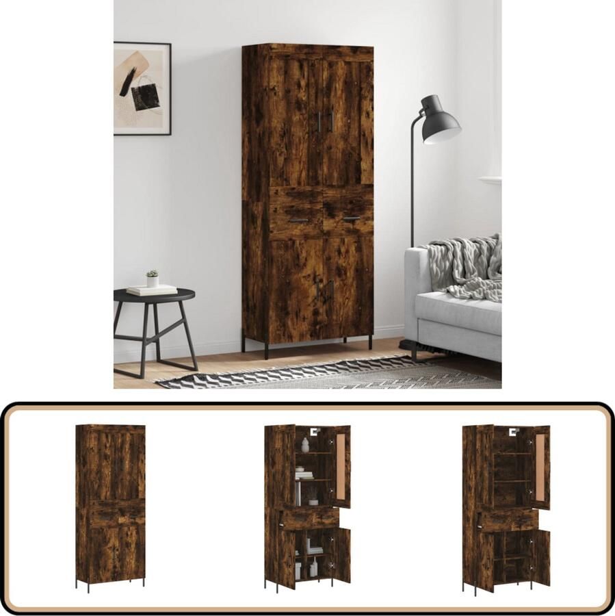 VidaXL Hoge kast Gerookt eiken 180 cm Hoge Kast Houten Kast Met Deuren Opbergkast Vintage Kast