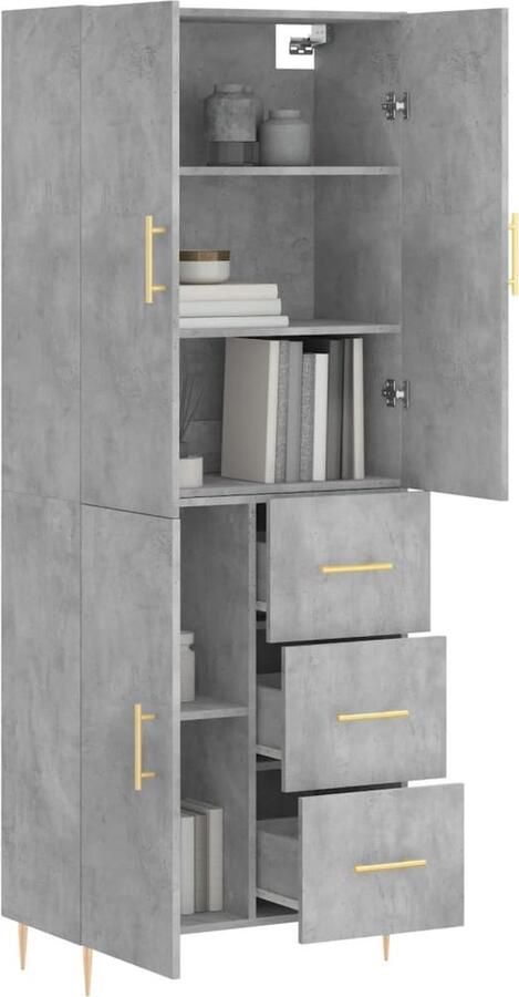 The Living Store Hoge kast 69 5x34x180 cm bewerkt hout betongrijs Hoge Kast Opbergkast Betonnen Grijze Kast Houten Kast Dressoir