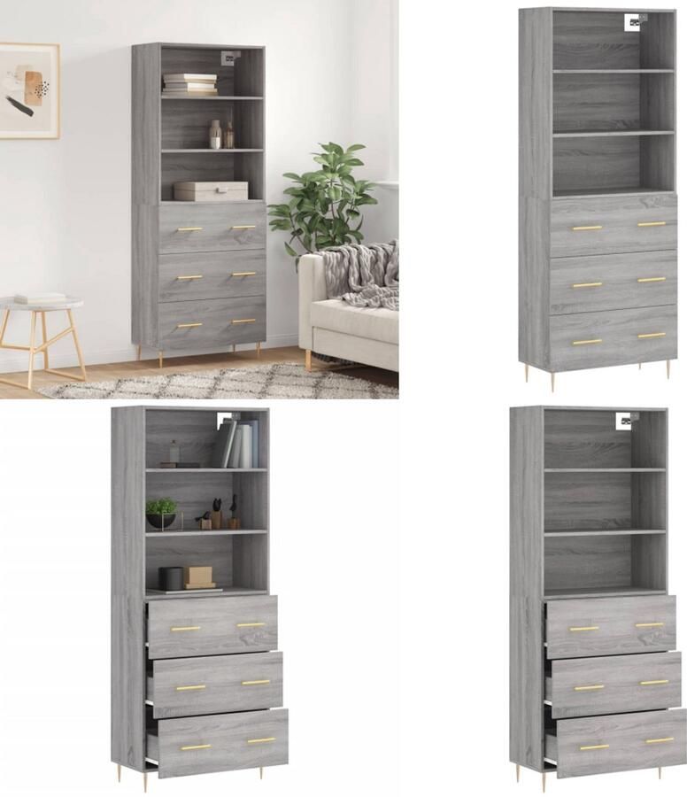 VidaXL Hoge kast 69-5x34x180 cm bewerkt hout grijs sonoma eikenkleurig Hoge Kast Hoge Kasten Dressoir Buffetkast