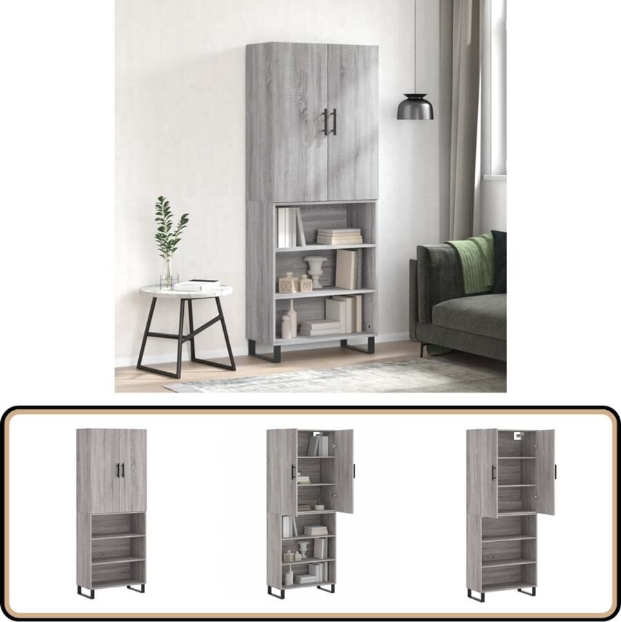 VidaXL Hoge kast 69 5x34x180 cm Grijs Sonoma eiken Hoge Kast Boekenkast Opbergkast Grijze Kast Houten Kast